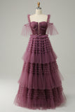 A Line Straps Mavue Tiered Prom Dress