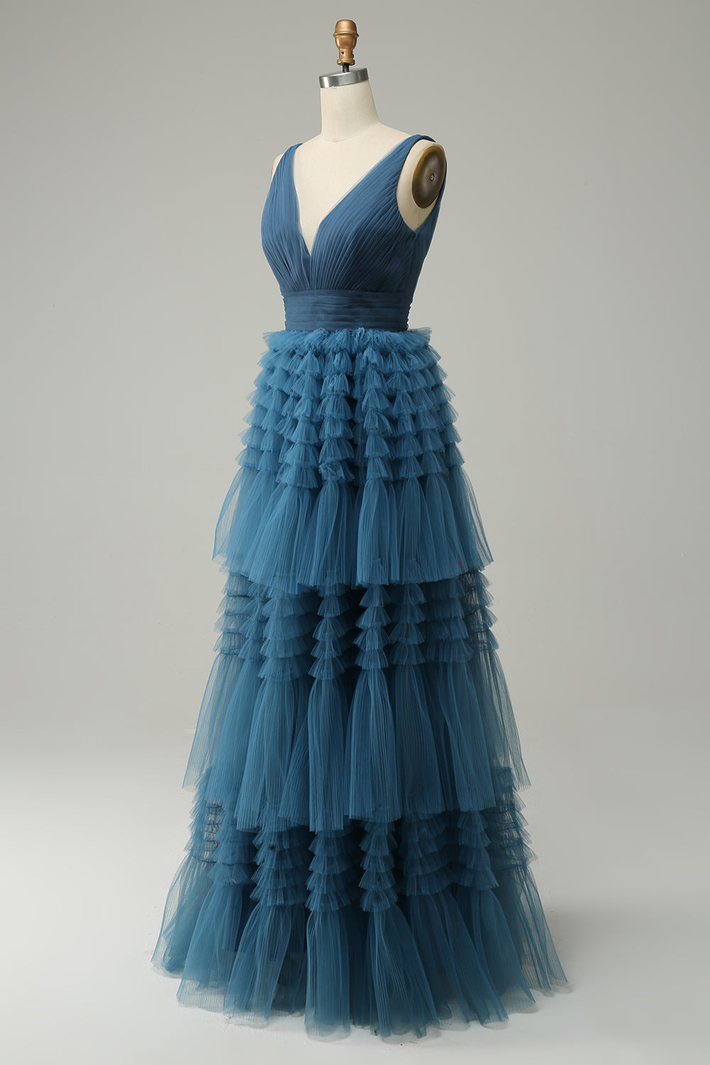 Zapakasa Women A Line Straps Blue Tiered Tulle Long Prom Dress Zapakasa Women A Line Straps Blue Tiered Tulle Long Prom Dress