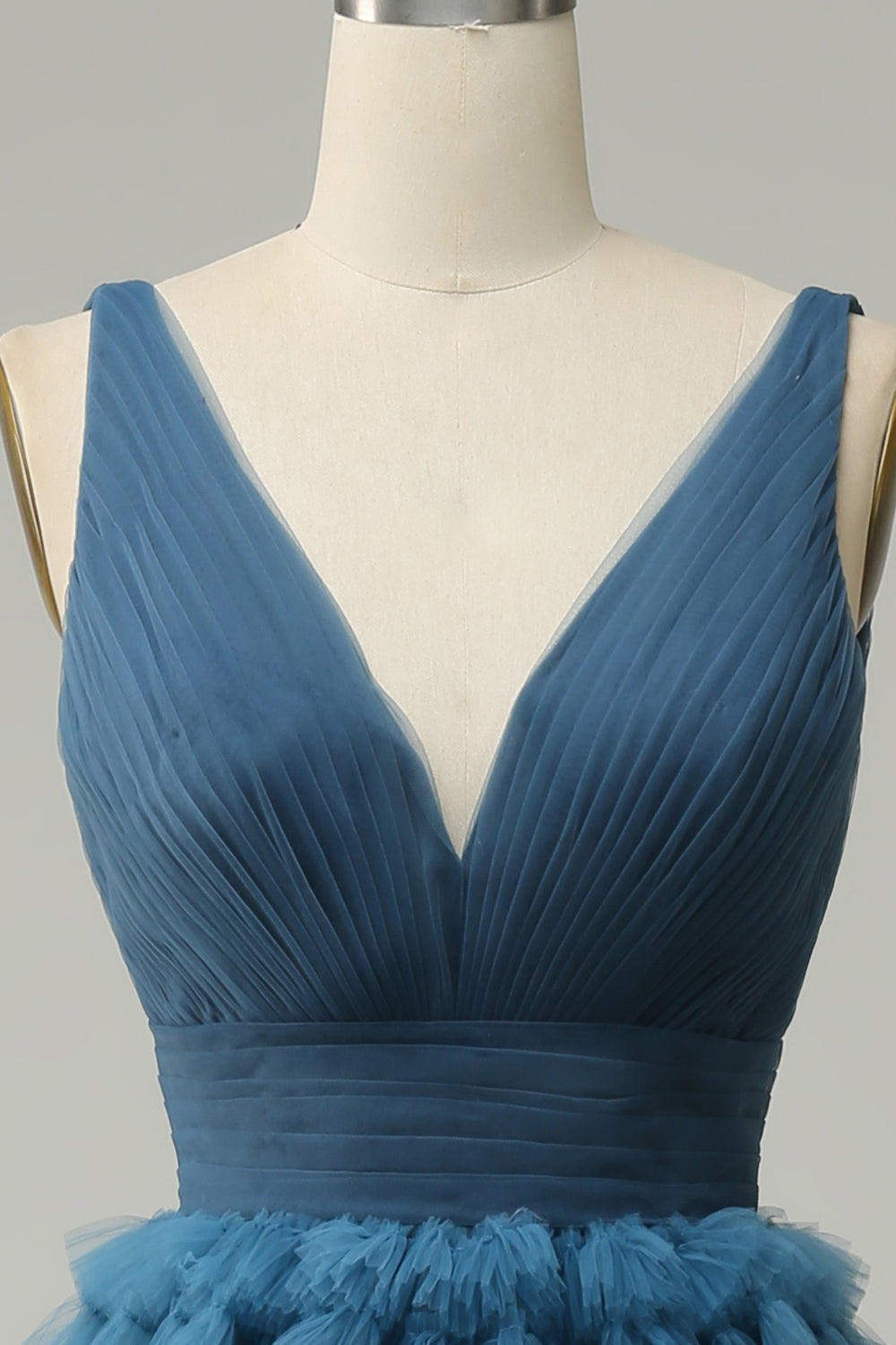 A Line V-neck Blue Tiered Prom Dress