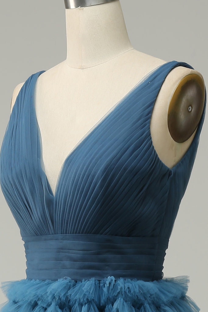 A Line V Neck Blue Tulle Prom Dress with Slit LBQ3596