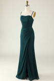 Dark Green Spaghetti Straps Wedding Guest Dress with Slit