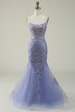 Purple Spaghetti Straps Mermaid Tulle Prom Dress With Appliques