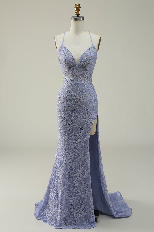 Halter Mermaid Purple Lace Long Prom Dress with Slit