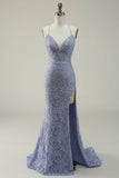 Halter Mermaid Purple Lace Long Prom Dress with Slit
