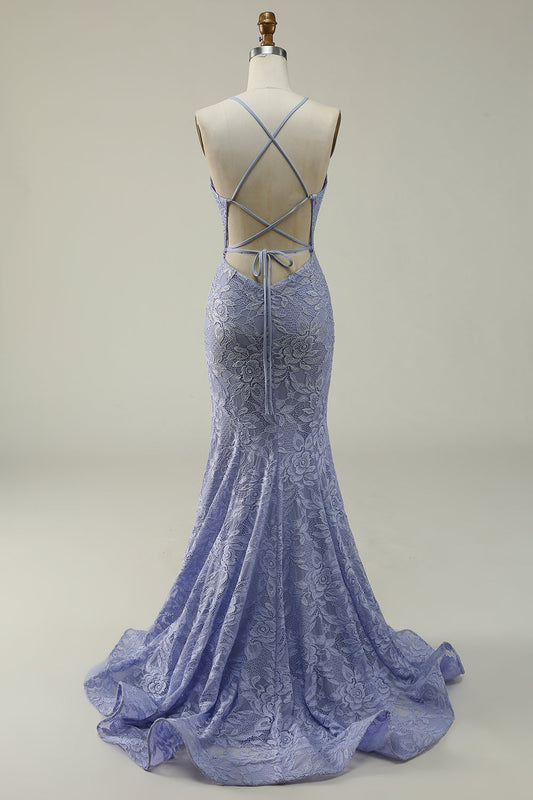 Halter Mermaid Purple Lace Long Prom Dress with Slit