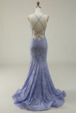 Halter Mermaid Purple Lace Long Prom Dress with Slit