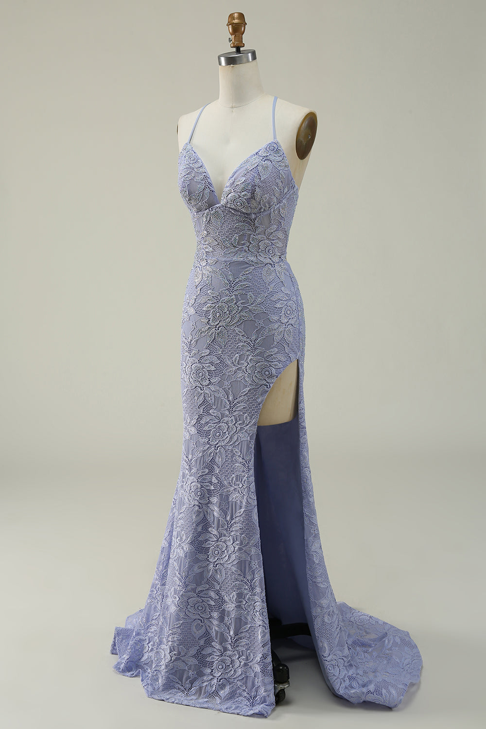 Halter Mermaid Purple Lace Long Prom Dress with Slit