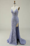 Halter Mermaid Purple Lace Long Prom Dress with Slit