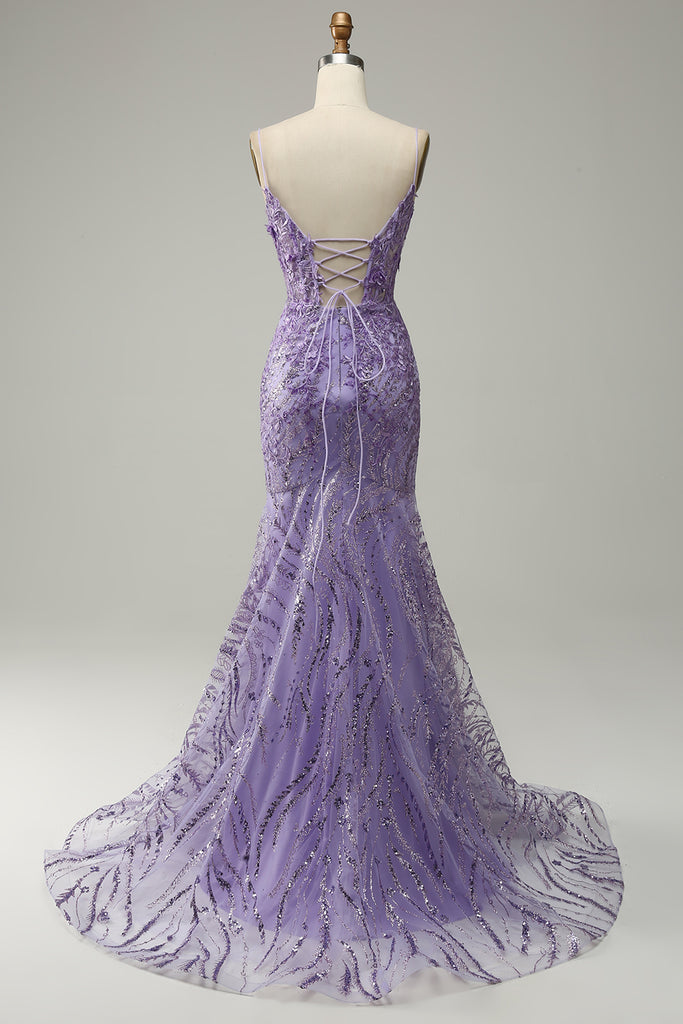 Zapakasa Women Long A-Line Spaghetti Straps Beaded Purple Mermaid Prom ...