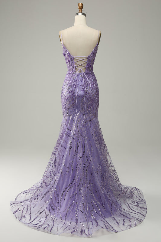 A-Line Spaghetti Straps Beaded Purple Mermaid Prom Dress