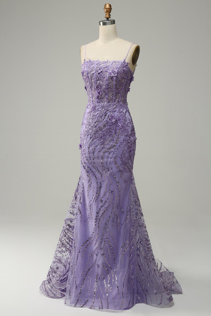 Purple Mermaid Spaghetti Straps Corset Sequin Long Prom Dress
