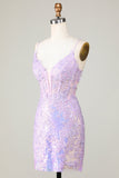 Bling Bodycon Spaghetti Straps Purple Corset Homecoming Dress with Criss Cross Back