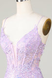 Bling Bodycon Spaghetti Straps Purple Corset Homecoming Dress with Criss Cross Back