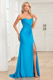Mermaid Sweetheart Blue Long Wedding Guest Dress with Split Front