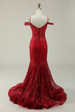 Burgundy Mermaid Cold Shoulder Sequins Prom Dress