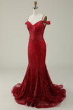 Burgundy Mermaid Cold Shoulder Sequins Prom Dress