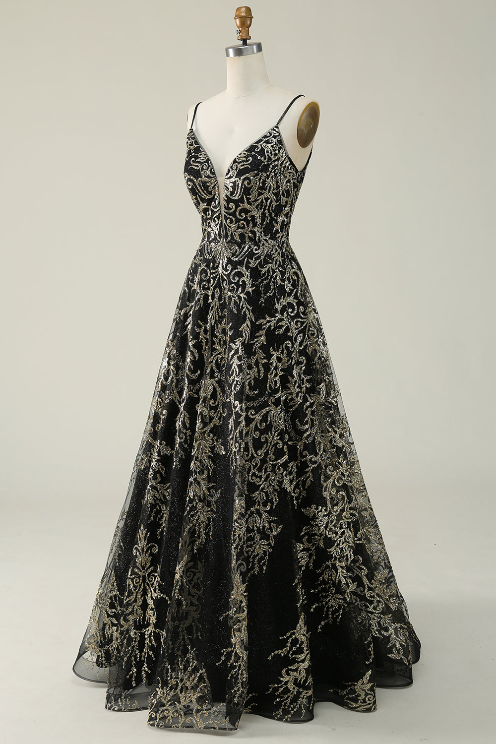 Black Golden Spaghetti Straps Open Back Prom Dress