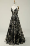 Black Golden Spaghetti Straps Open Back Prom Dress