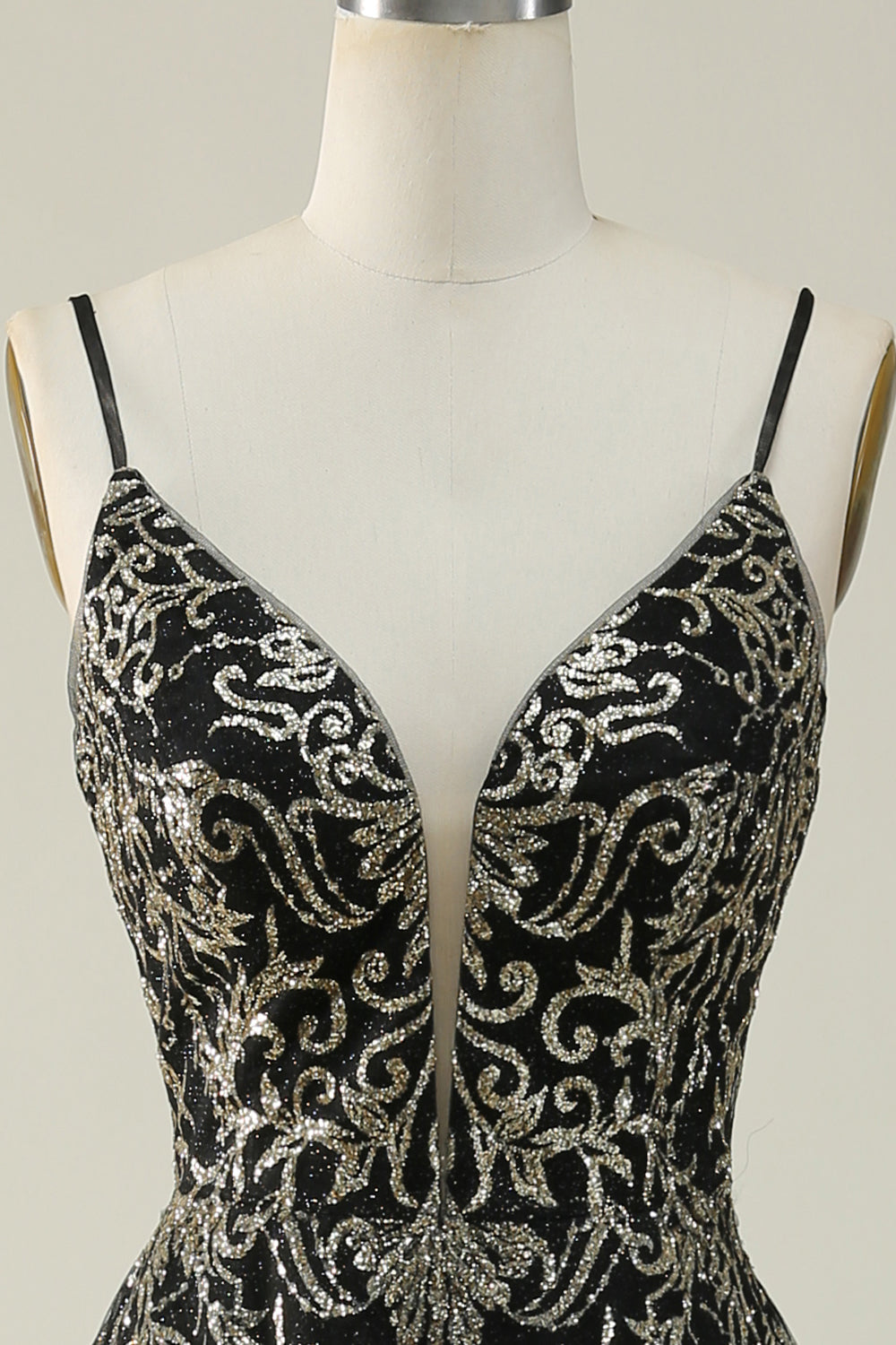 Black Golden Spaghetti Straps Open Back Prom Dress