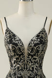 Black Golden Spaghetti Straps Open Back Prom Dress
