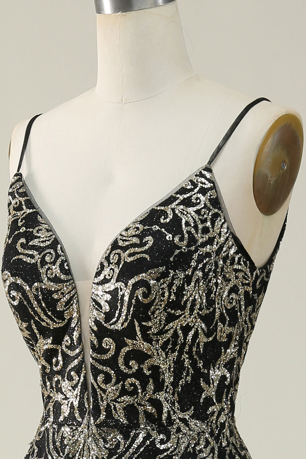Black Golden Spaghetti Straps Open Back Prom Dress