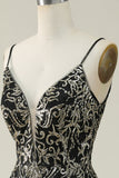 Black Golden Spaghetti Straps Open Back Prom Dress