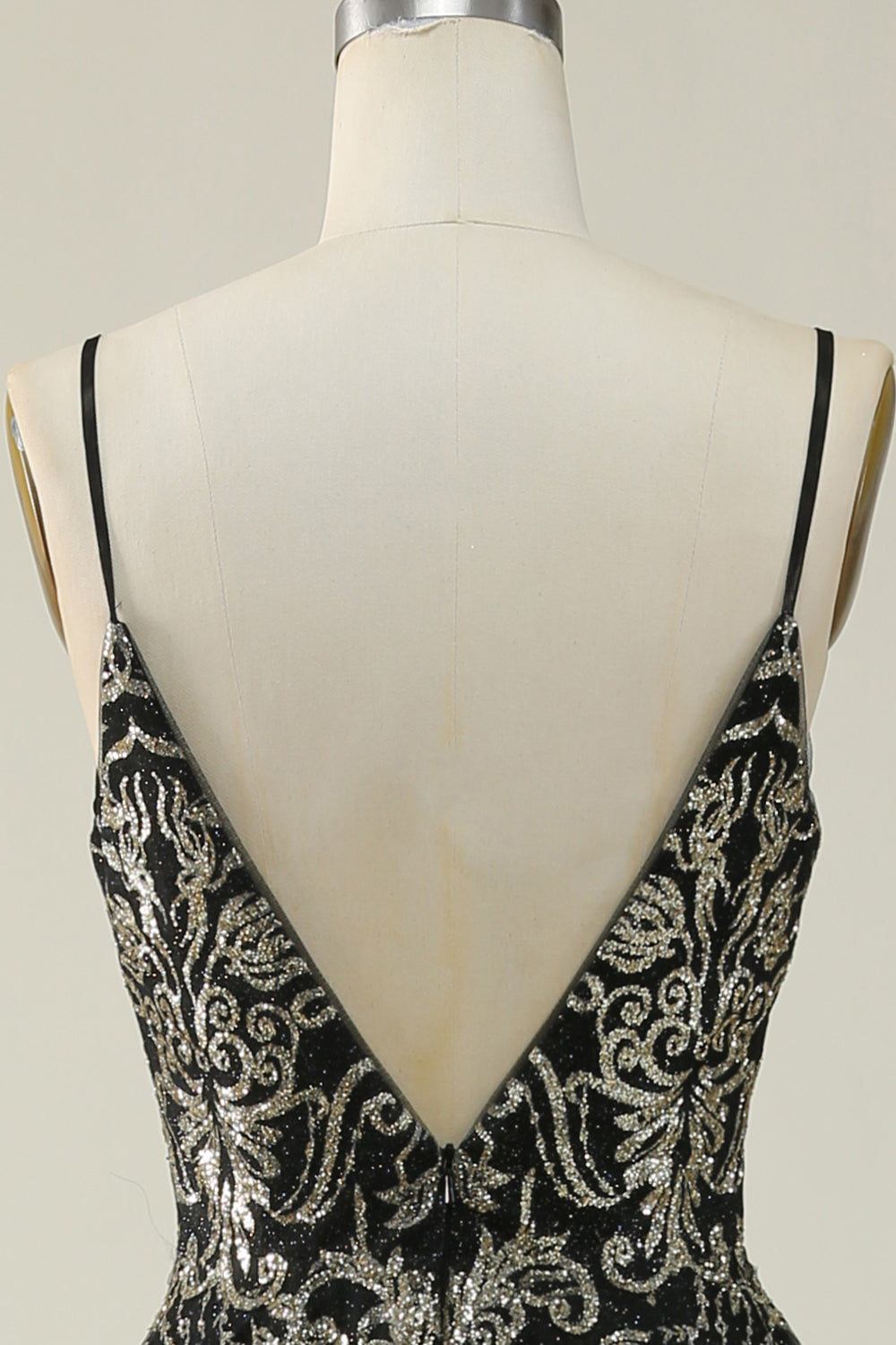 Black Golden Spaghetti Straps Open Back Prom Dress