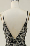 Black Golden Spaghetti Straps Open Back Prom Dress