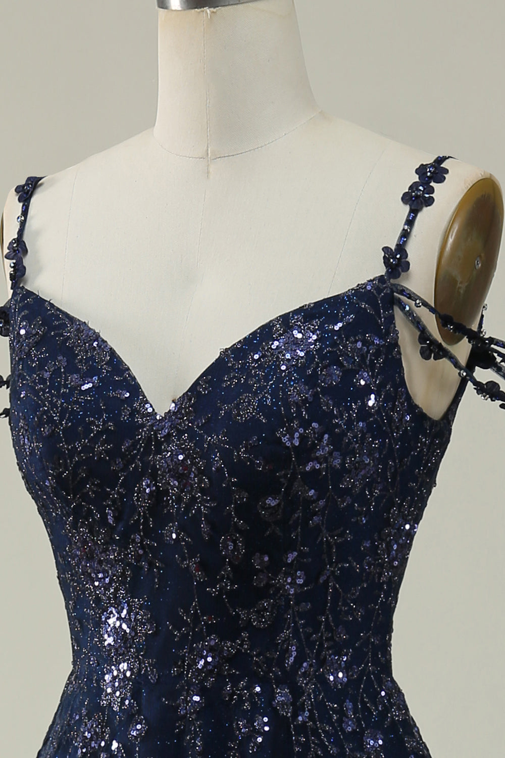 Navy A Line Cold Shoulder Beaded Prom Dress
