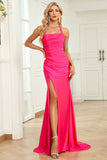 Mermaid Halter Neck Fuchsia Wedding Guest Dress with Split Front