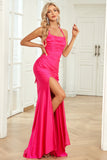 Mermaid Halter Neck Fuchsia Wedding Guest Dress with Split Front