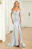 Mermaid Off the Shoulder Blue Sequins Long Prom Dress with Split Front