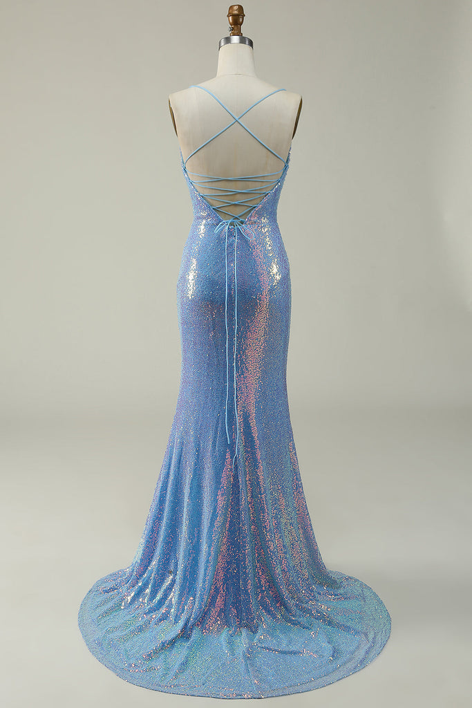 Charming Mermaid Light Blue Spaghetti Straps Ruffle Chiffon Slit Long Prom Dress, Evening Dress main image 0