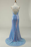 Blue Sequined Spaghetti Straps Mermaid Prom Dress