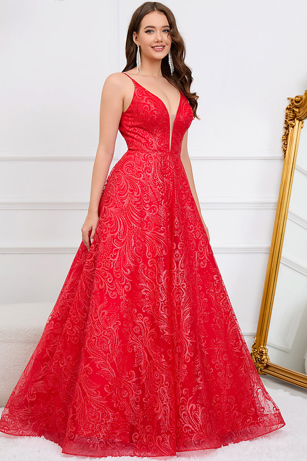 Sparkly Spaghetti Straps Red Long Prom Dress