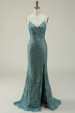 Mermaid Spaghetti Straps Green Split Prom Dress