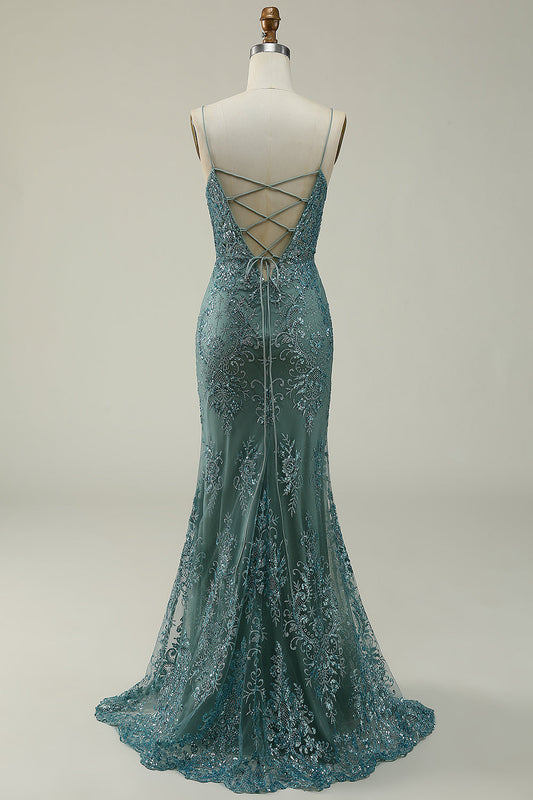 Mermaid Spaghetti Straps Green Split Prom Dress