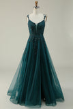 A Line Spaghetti Straps Dark Green Long Prom Dress with Appliques