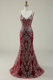 Mermaid Spaghetti Straps Burgundy Long Prom Dress with Bronzing