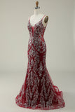 Mermaid Spaghetti Straps Burgundy Long Prom Dress with Bronzing