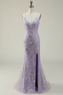 Mermaid Spaghetti Straps Purple Beaded Prom Dress with Slit