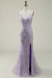 Mermaid Spaghetti Straps Purple Beaded Prom Dress with Slit