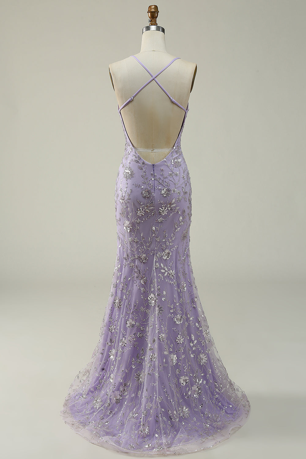 Mermaid Spaghetti Straps Purple Beaded Prom Dress with Slit