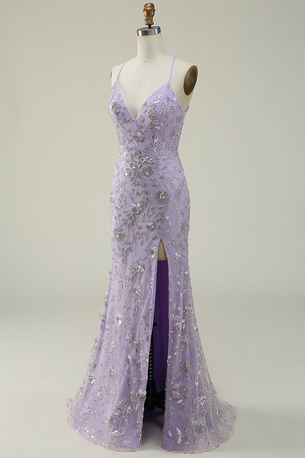 Mermaid Spaghetti Straps Purple Beaded Prom Dress with Slit