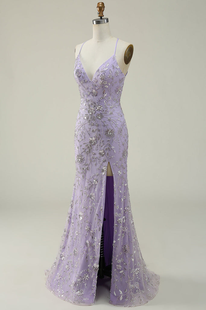 Purple spaghetti straps mermaid long prom dress applique open back evening gown,EQ9655
