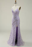 Mermaid Spaghetti Straps Purple Beaded Prom Dress with Slit