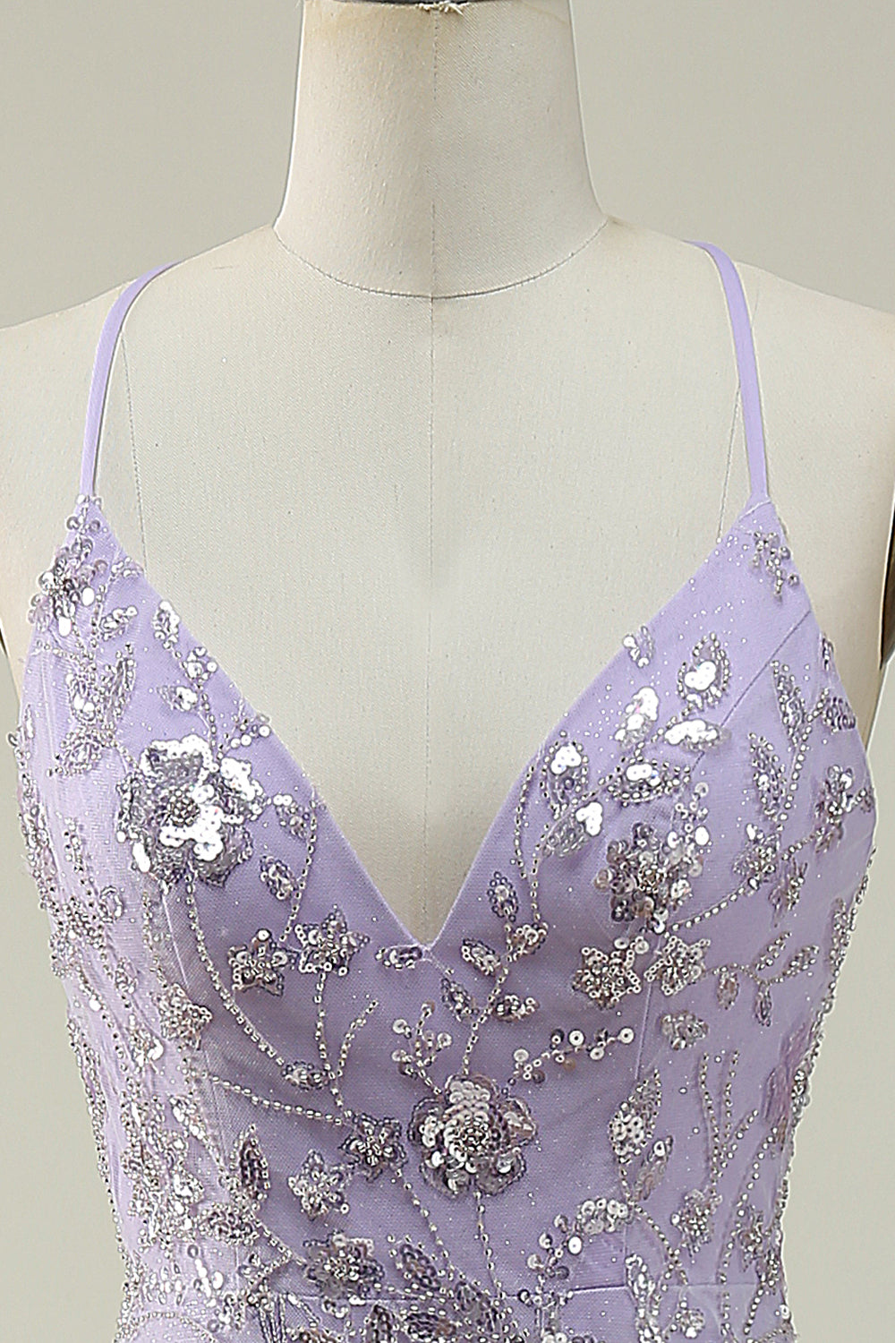 Mermaid Spaghetti Straps Purple Beaded Prom Dress with Slit