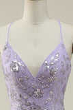 Mermaid Spaghetti Straps Purple Beaded Prom Dress with Slit