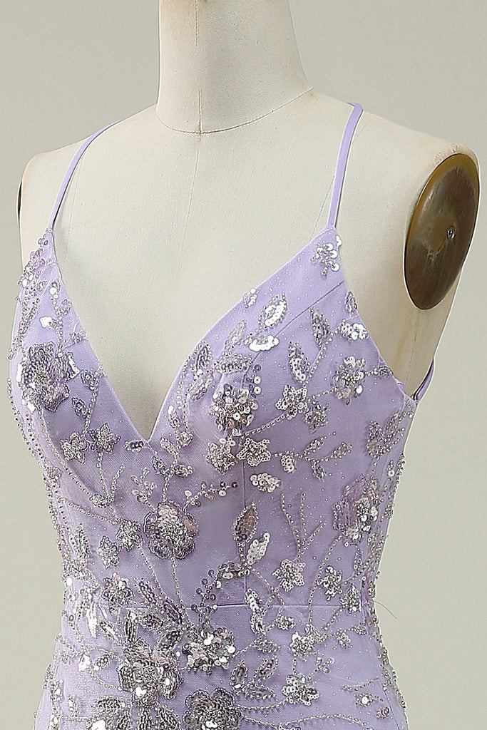 Sparkly Mermaid Spaghetti Straps Purple Long Party Dress with Beading