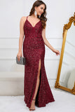 Mermaid Sequins Burgundy Long Prom Dress with Slit